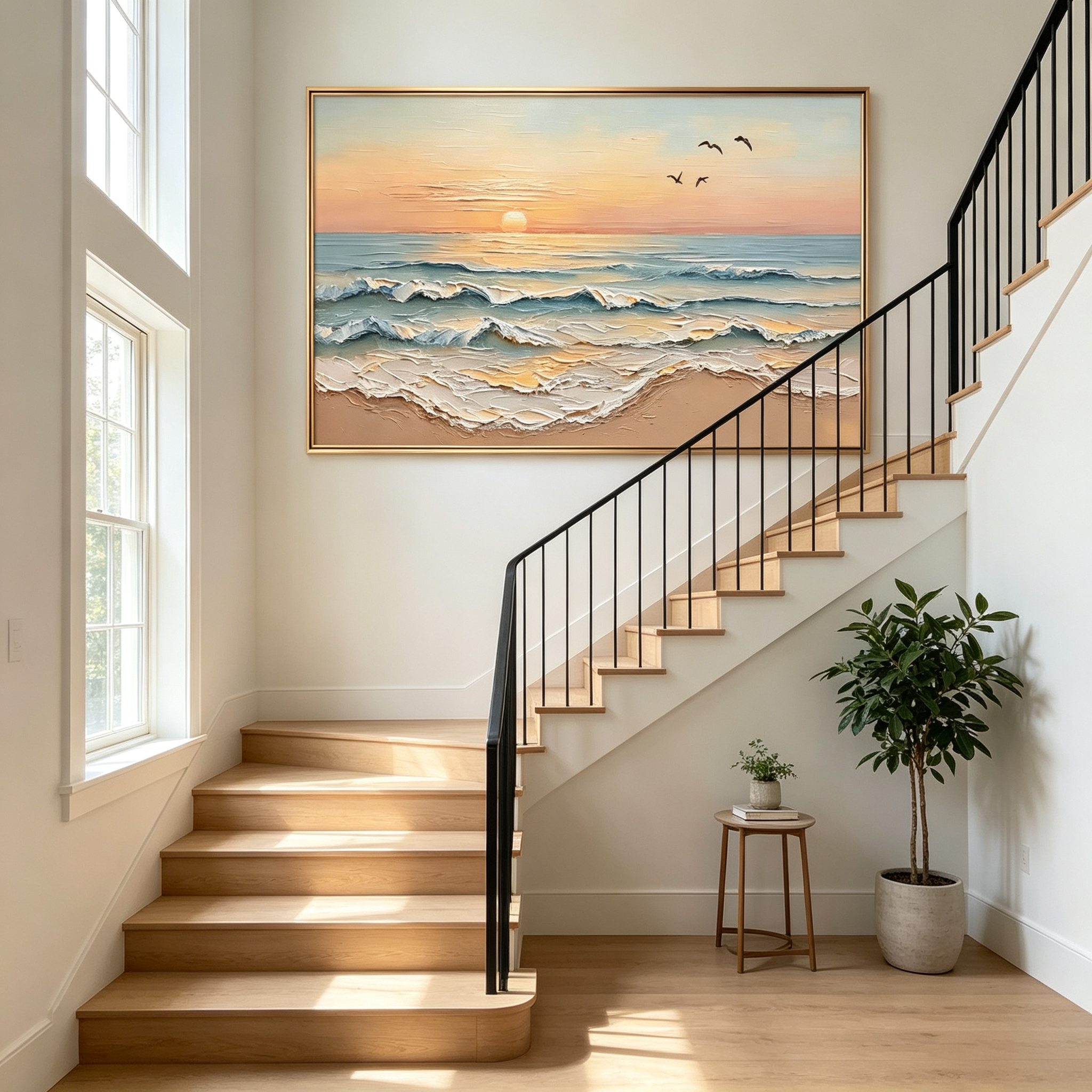 Golden Horizon – Hand-Painted 3D Ocean Wave Sunset Canvas Wall Art | Coastal Impasto Seascape Framed Artwork TEXVAS | Textured Canvas Art