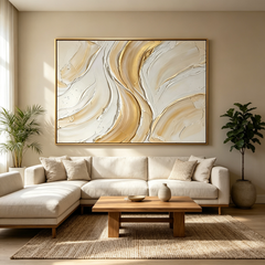 Golden Veins – Hand-Painted 3D Gold Leaf & Cream Textured Canvas Wall Art | Minimalist Luxury Framed Artwork TEXVAS | Textured Canvas Art