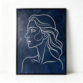 "Elegance in Profile" – Minimalist Continuous Line Woman's Silhouette Canvas Art (Framed Deep Navy Wall Decor)