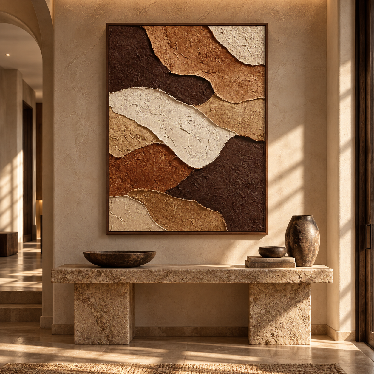 Earthy Terracotta Strata 3D Textured Wall Art – Espresso, Ochre & Cream Torn Edge Impasto Canvas Painting, Modern Wabi-Sabi Plaster Wall Decor TEXVAS | Textured Canvas Art