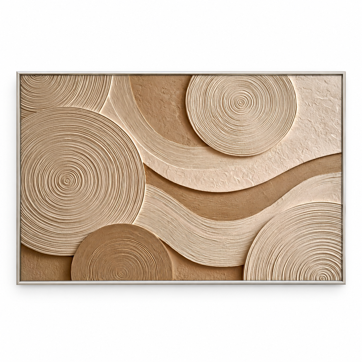 Concentric Zen Rings 3D Textured Wall Art – Warm Sand Beige & Cream Fluted Circle Impasto Canvas Painting, Large Horizontal Wabi-Sabi Wall Decor TEXVAS | Textured Canvas Art