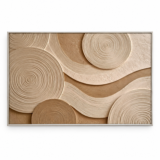 Concentric Zen Rings 3D Textured Wall Art – Warm Sand Beige & Cream Fluted Circle Impasto Canvas Painting, Large Horizontal Wabi-Sabi Wall Decor TEXVAS | Textured Canvas Art