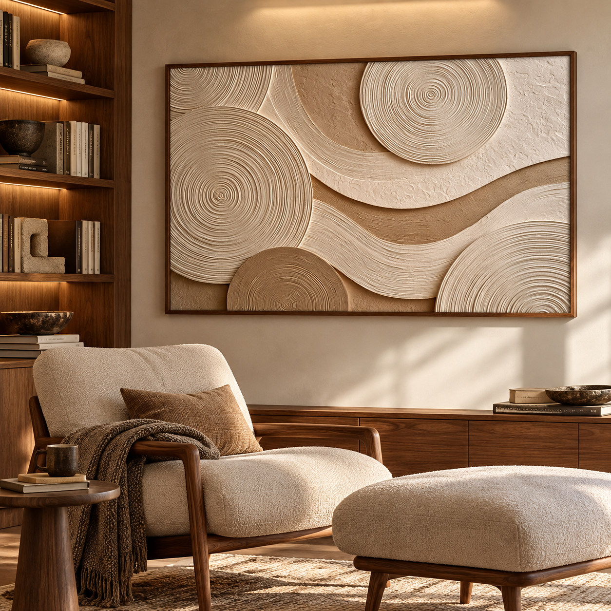Concentric Zen Rings 3D Textured Wall Art – Warm Sand Beige & Cream Fluted Circle Impasto Canvas Painting, Large Horizontal Wabi-Sabi Wall Decor TEXVAS | Textured Canvas Art