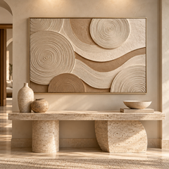 Concentric Zen Rings 3D Textured Wall Art – Warm Sand Beige & Cream Fluted Circle Impasto Canvas Painting, Large Horizontal Wabi-Sabi Wall Decor TEXVAS | Textured Canvas Art