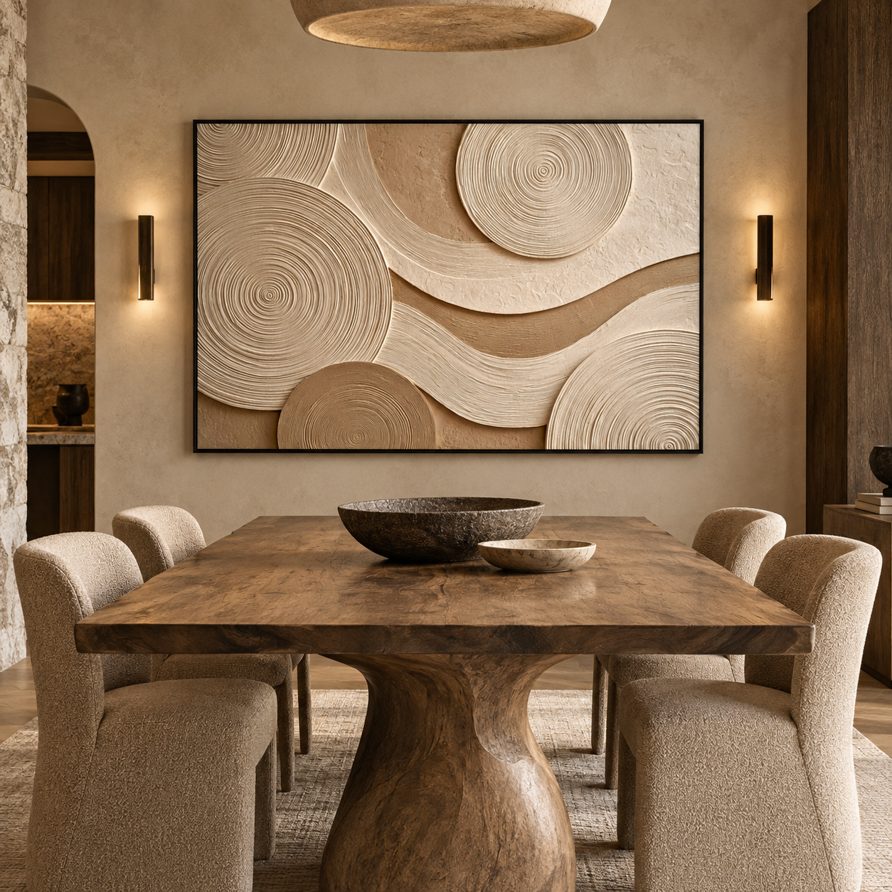 Concentric Zen Rings 3D Textured Wall Art – Warm Sand Beige & Cream Fluted Circle Impasto Canvas Painting, Large Horizontal Wabi-Sabi Wall Decor TEXVAS | Textured Canvas Art