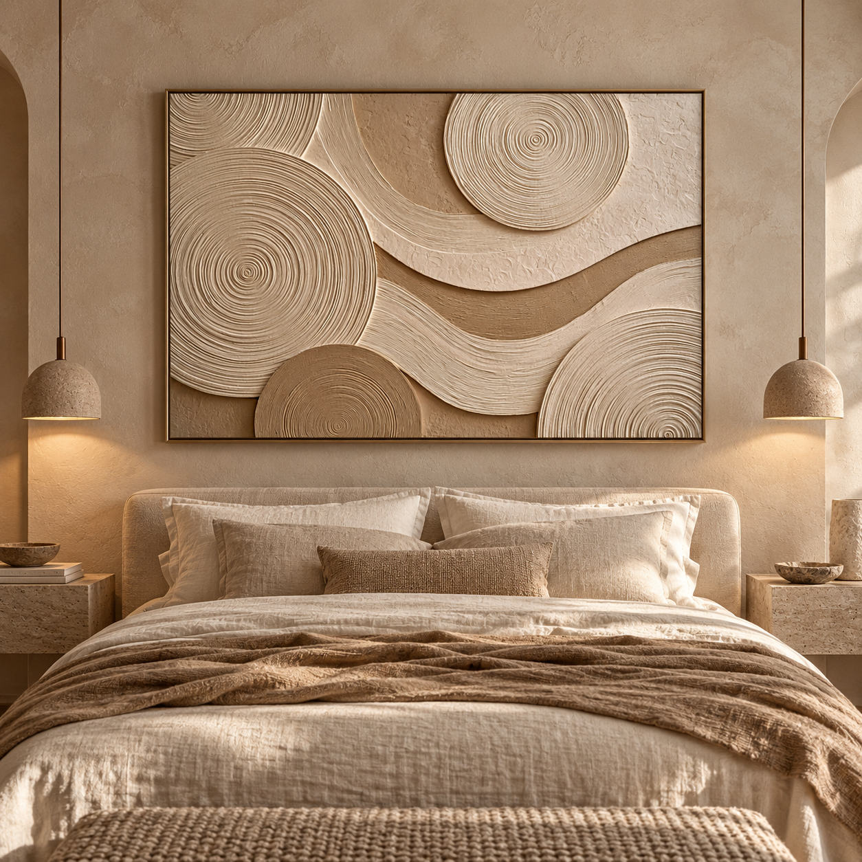 Concentric Zen Rings 3D Textured Wall Art – Warm Sand Beige & Cream Fluted Circle Impasto Canvas Painting, Large Horizontal Wabi-Sabi Wall Decor TEXVAS | Textured Canvas Art