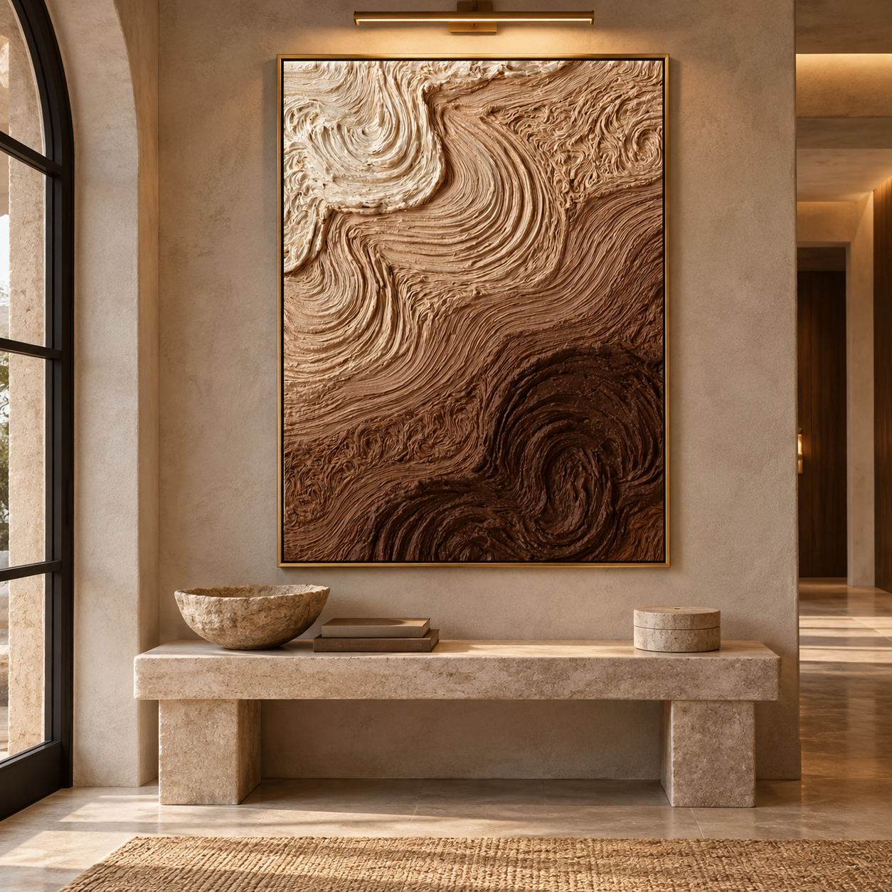 Swirling Earth & Coffee Strata 3D Textured Wall Art – Warm Espresso, Caramel & Cream Impasto Canvas Painting, Modern Wabi-Sabi Swirl Plaster Wall Decor TEXVAS | Textured Canvas Art