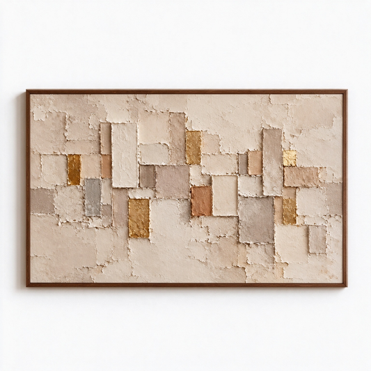 Large Horizontal 3D Textured Beige Abstract Canvas Wall Art – Hand-Painted Gold Leaf Geometric Block Impasto Oil Painting, Wabi-Sabi Neutral Palette Knife Art for Living Room Over Sofa & Bedroom Decor TEXVAS | Textured Canvas Art
