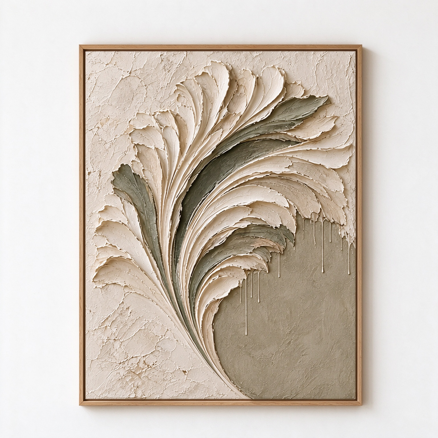 Sculptural Feather & Leaf 3D Textured Wall Art – Sage Green & Cream Impasto Canvas Art for Living Room, Botanical Wabi-Sabi Wall Decor TEXVAS | Textured Canvas Art