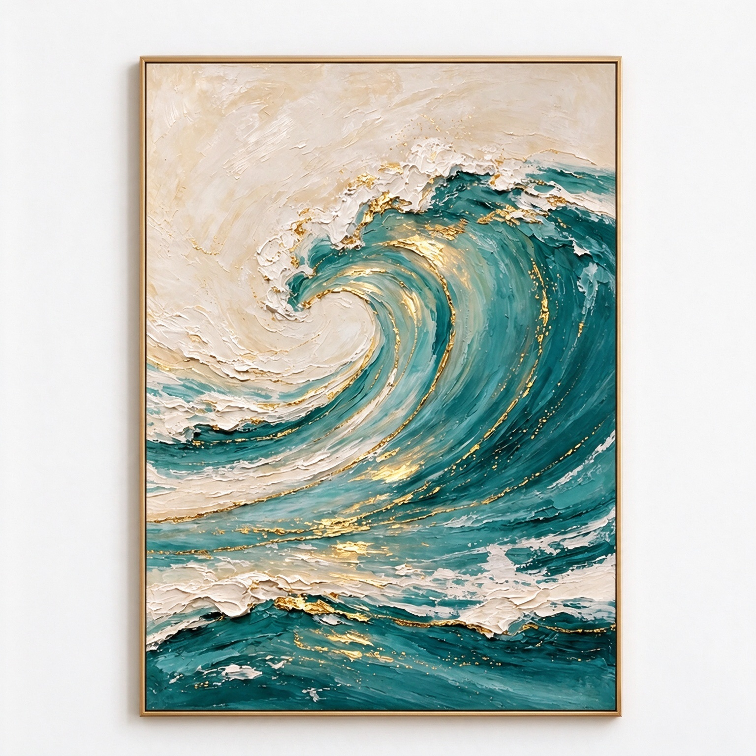 Large 3D Textured Ocean Wave Canvas Wall Art – Hand-Painted Teal Green & Gold Leaf Impasto Oil Painting, Coastal Abstract Wave Palette Knife Art for Living Room, Bedroom & Office Decor TEXVAS | Textured Canvas Art