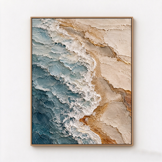 Ocean Waves & Golden Shore 3D Textured Coastal Wall Art – Deep Teal & Sandy Beige Impasto Canvas Painting for Living Room, Beach House Wall Decor TEXVAS | Textured Canvas Art