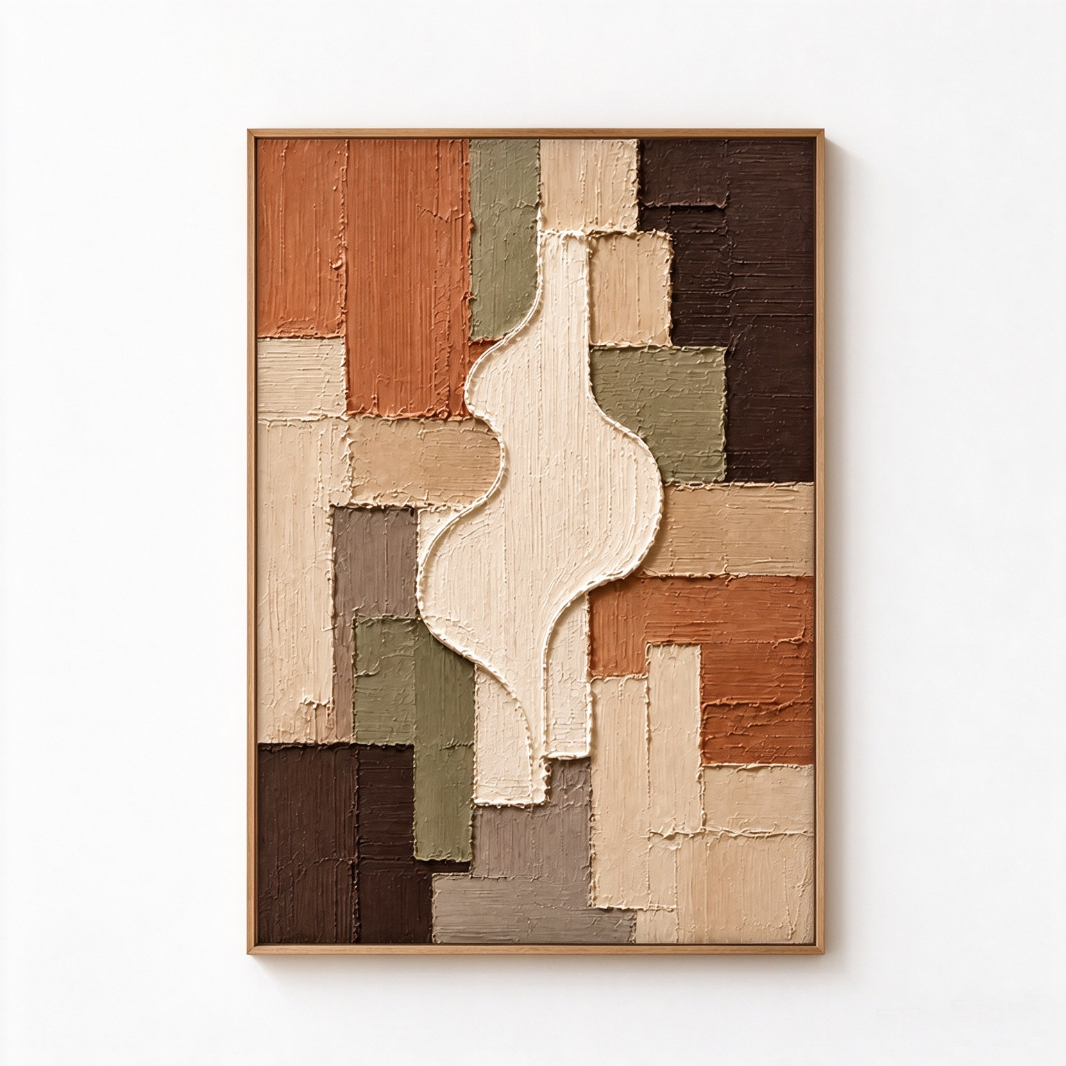 Modern Geometric Patchwork & Organic Silhouette Textured Wall Art – Earthy Terracotta, Olive Green & Cream 3D Impasto Canvas Art for Living Room, Mid-Century Wabi-Sabi Wall Decor TEXVAS | Textured Canvas Art
