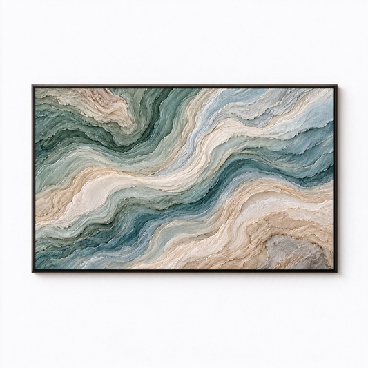 3D High-Relief Textured Abstract Mountain & River Wall Art – Large Impasto Canvas in Deep Teal, Soft Green, Ivory, and Beige Tones, Modern Coastal or Wabi-Sabi Style, Large Horizontal Decor TEXVAS | Textured Canvas Art