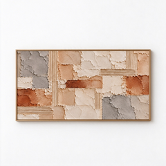 Earthy Patchwork Geometrics: Large Horizontal 3D Textured Abstract Plaster and Terracotta Impasto Canvas Wall Art for Living Room, Wabi-Sabi Natural Stone Decor, Walnut Framed TEXVAS | Textured Canvas Art