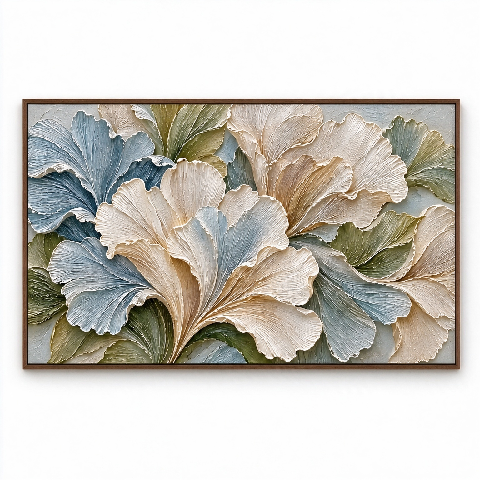 Large Horizontal 3D Textured Floral Canvas Wall Art – Hand-Painted Ginkgo Leaf Impasto Oil Painting, Modern Sage Green, Slate Blue & Cream Palette Knife Art for Living Room Over Sofa & Bedroom Decor TEXVAS | Textured Canvas Art