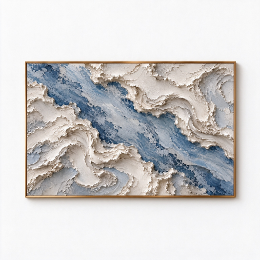 Large Horizontal 3D Textured Ocean Wave Canvas Wall Art – Hand-Painted Blue & Cream Impasto Oil Painting, Coastal Abstract Palette Knife River Art for Living Room, Bedroom & Office Decor TEXVAS | Textured Canvas Art