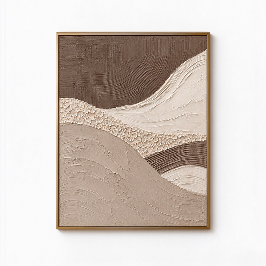 Silent Dunes – Hand-Painted 3D Mocha & Cream Wave Textured Canvas Wall Art | Vertical Wabi-Sabi Framed Artwork TEXVAS | Textured Canvas Art