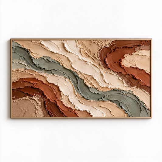 Large Horizontal 3D Textured Earth Tone Canvas Wall Art – Hand-Painted Sage Green & Terracotta Waves Impasto Oil Painting, Wabi-Sabi Organic Flowing Swirl Palette Knife Art for Living Room Over Sofa & Bedroom Decor TEXVAS | Textured Canvas Art