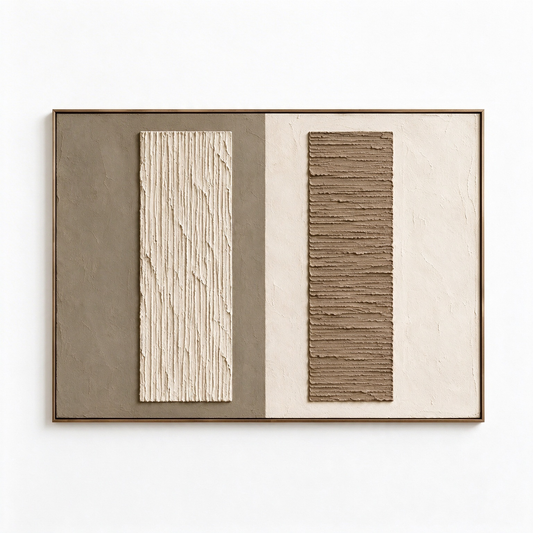 Large Horizontal 3D Textured Geometric Canvas Wall Art – Hand-Painted Beige & Taupe Plaster Oil Painting, Modern Wabi-Sabi Minimalist Combed Texture Palette Knife Art for Living Room Over Sofa & Bedroom Decor TEXVAS | Textured Canvas Art