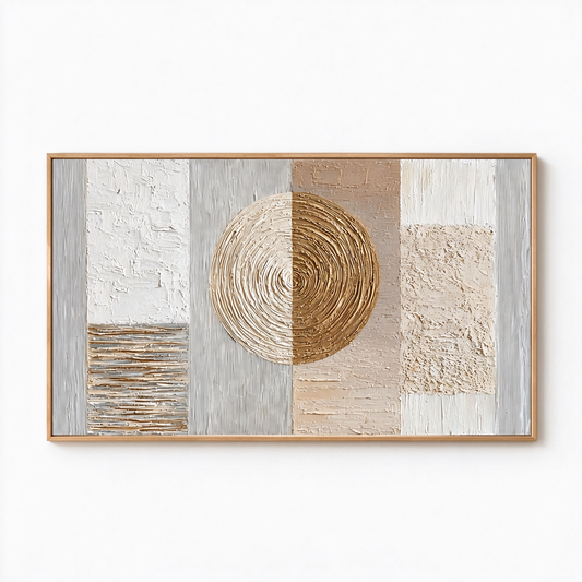 Celestial Harmony – Hand-Painted 3D Gold & Beige Geometric Circle Textured Canvas Wall Art | Modern Wabi-Sabi Framed Artwork TEXVAS | Textured Canvas Art