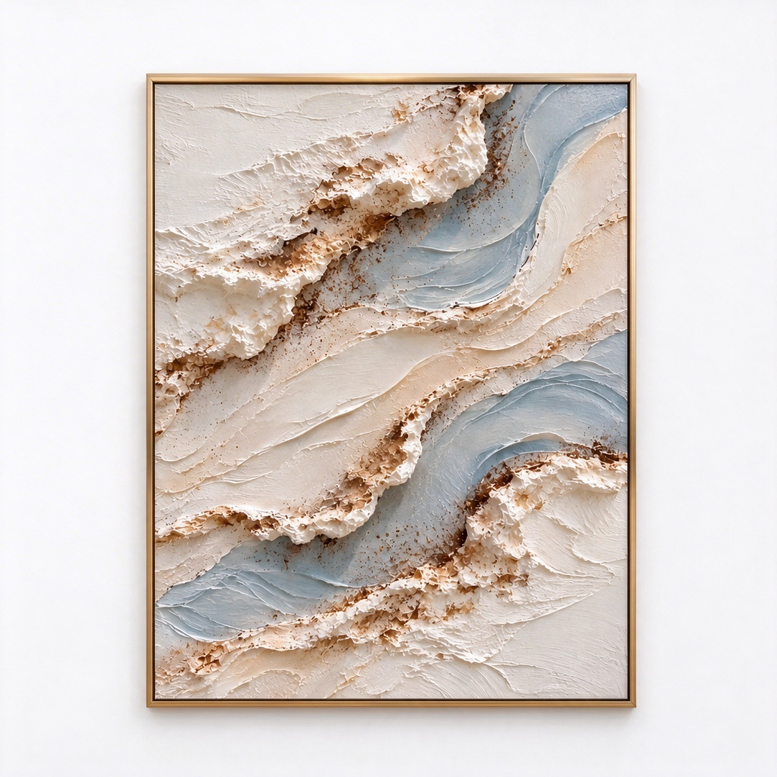 Ocean Foam & Glacier Wave 3D Textured Wall Art – Soft Sky Blue, Ivory & Gold Sand Impasto Canvas Painting, Modern Coastal Wabi-Sabi Wall Decor TEXVAS | Textured Canvas Art