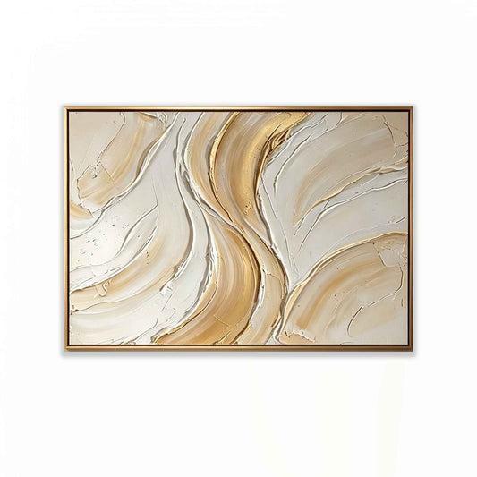 Golden Veins – Hand-Painted 3D Gold Leaf & Cream Textured Canvas Wall Art | Minimalist Luxury Framed Artwork TEXVAS | Textured Canvas Art