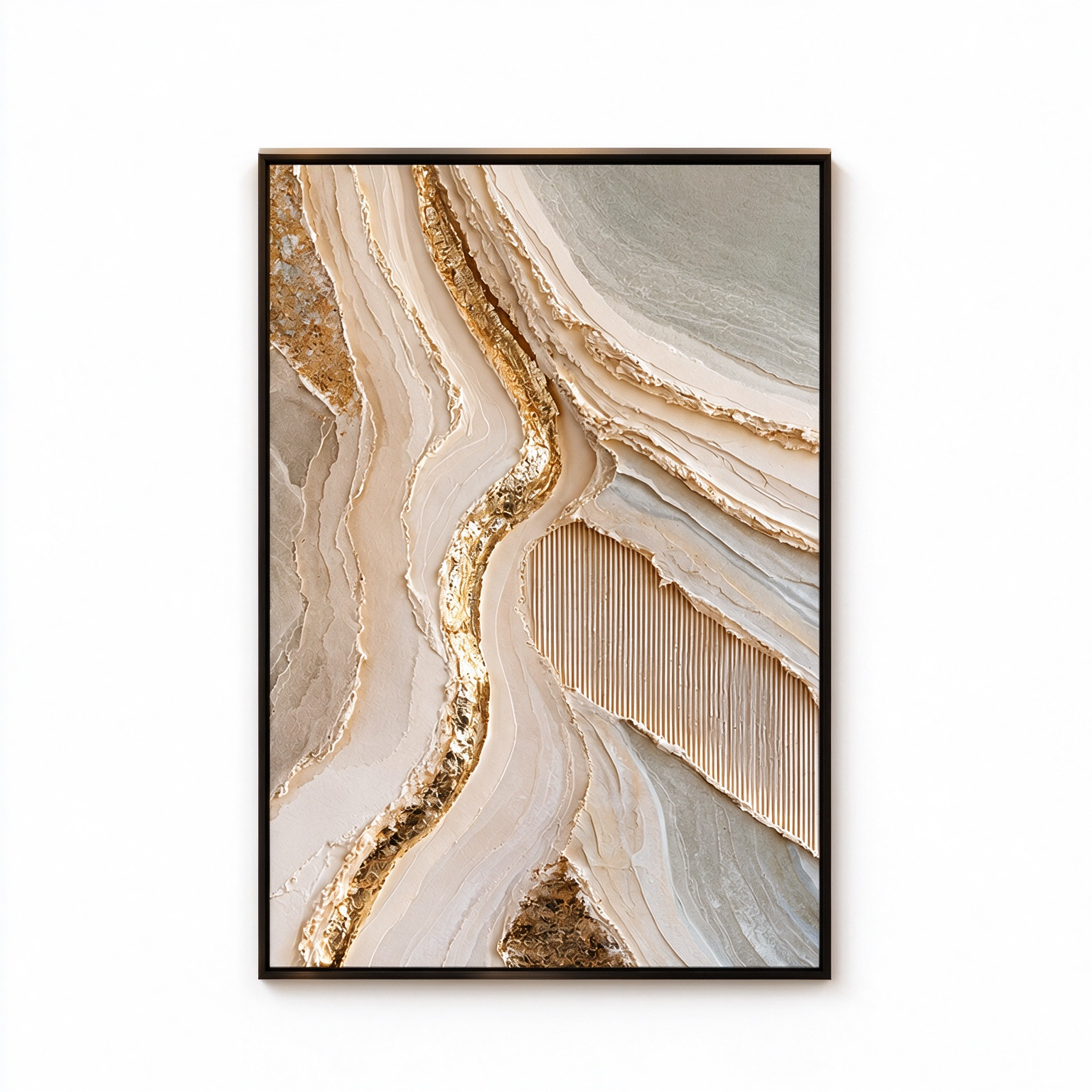 Luxury Gold Leaf & Geode Textured Wall Art – Abstract Cream 3D Impasto Canvas Art for Living Room, Modern Wabi-Sabi Wall Decor TEXVAS | Textured Canvas Art