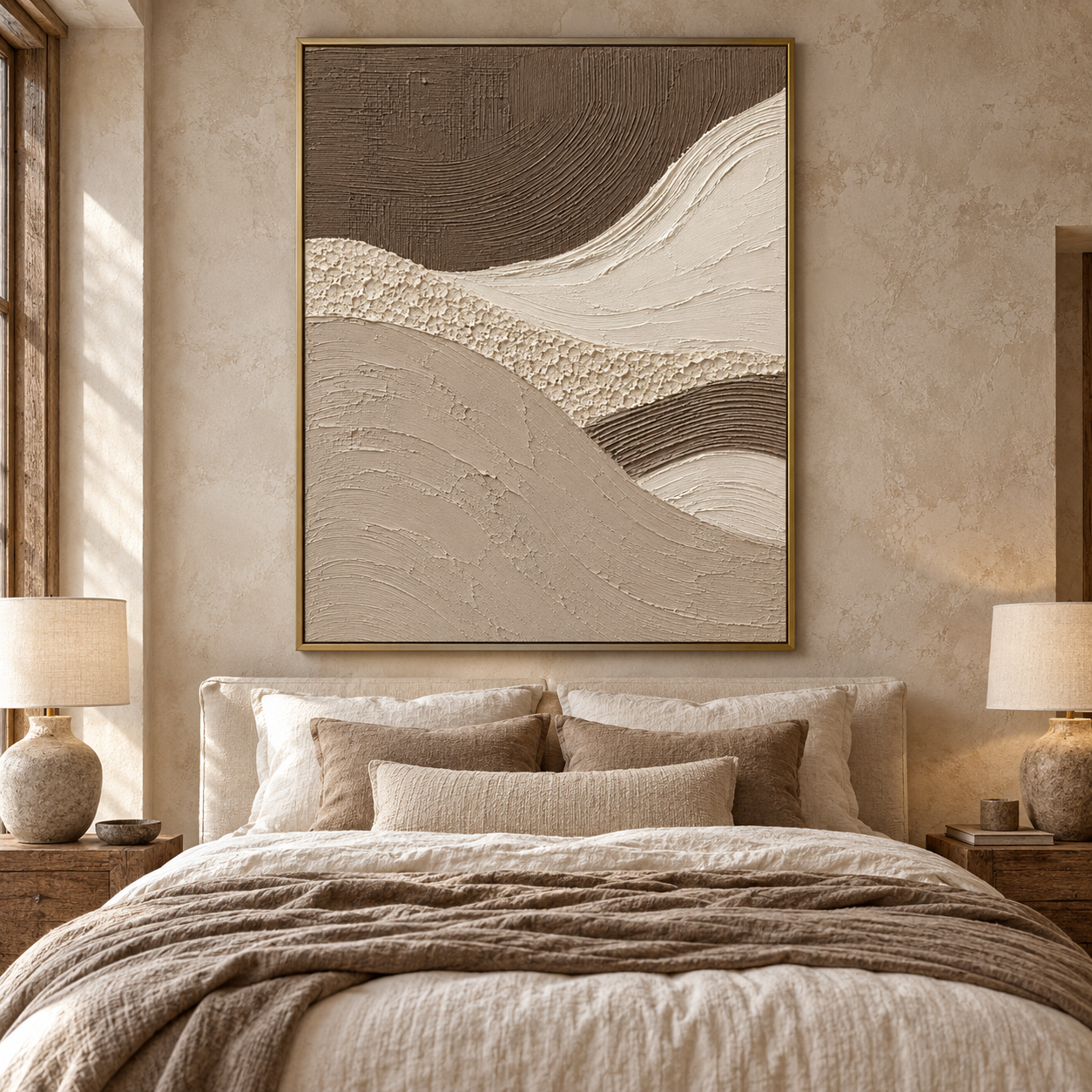 Silent Dunes – Hand-Painted 3D Mocha & Cream Wave Textured Canvas Wall Art | Vertical Wabi-Sabi Framed Artwork TEXVAS | Textured Canvas Art