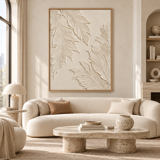 Large Vertical 3D Textured Cream Canvas Wall Art – Hand-Painted White Palm Leaf Plaster Relief Oil Painting, Modern Wabi-Sabi Botanical Impasto Artwork for Entryway & Bedroom Decor TEXVAS | Textured Canvas Art