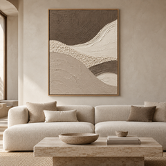 Silent Dunes – Hand-Painted 3D Mocha & Cream Wave Textured Canvas Wall Art | Vertical Wabi-Sabi Framed Artwork TEXVAS | Textured Canvas Art