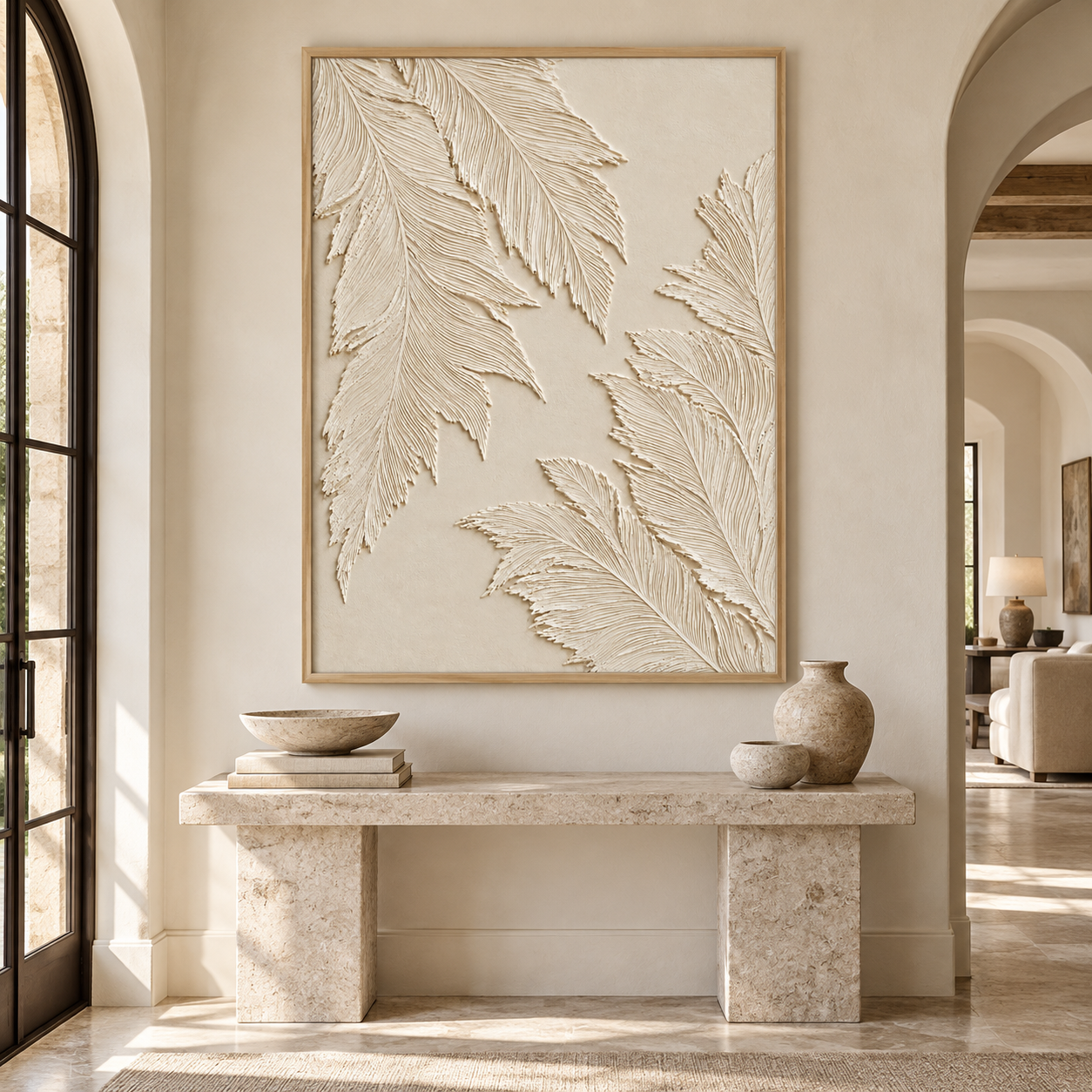 Large Vertical 3D Textured Cream Canvas Wall Art – Hand-Painted White Palm Leaf Plaster Relief Oil Painting, Modern Wabi-Sabi Botanical Impasto Artwork for Entryway & Bedroom Decor TEXVAS | Textured Canvas Art