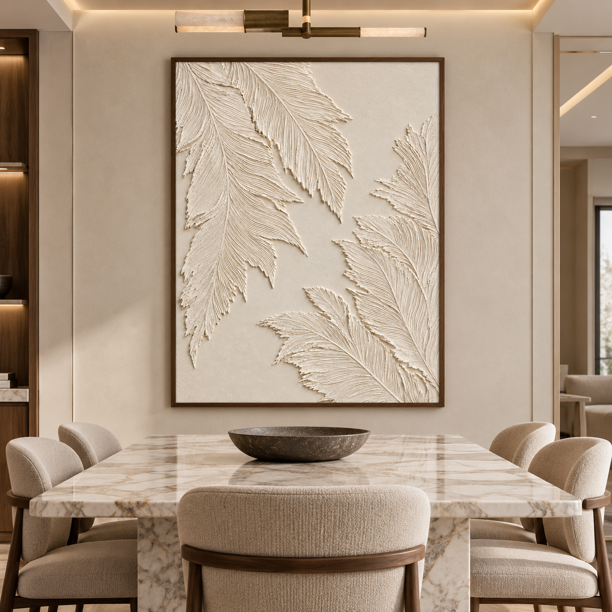 Large Vertical 3D Textured Cream Canvas Wall Art – Hand-Painted White Palm Leaf Plaster Relief Oil Painting, Modern Wabi-Sabi Botanical Impasto Artwork for Entryway & Bedroom Decor TEXVAS | Textured Canvas Art