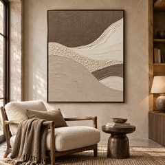 Silent Dunes – Hand-Painted 3D Mocha & Cream Wave Textured Canvas Wall Art | Vertical Wabi-Sabi Framed Artwork TEXVAS | Textured Canvas Art