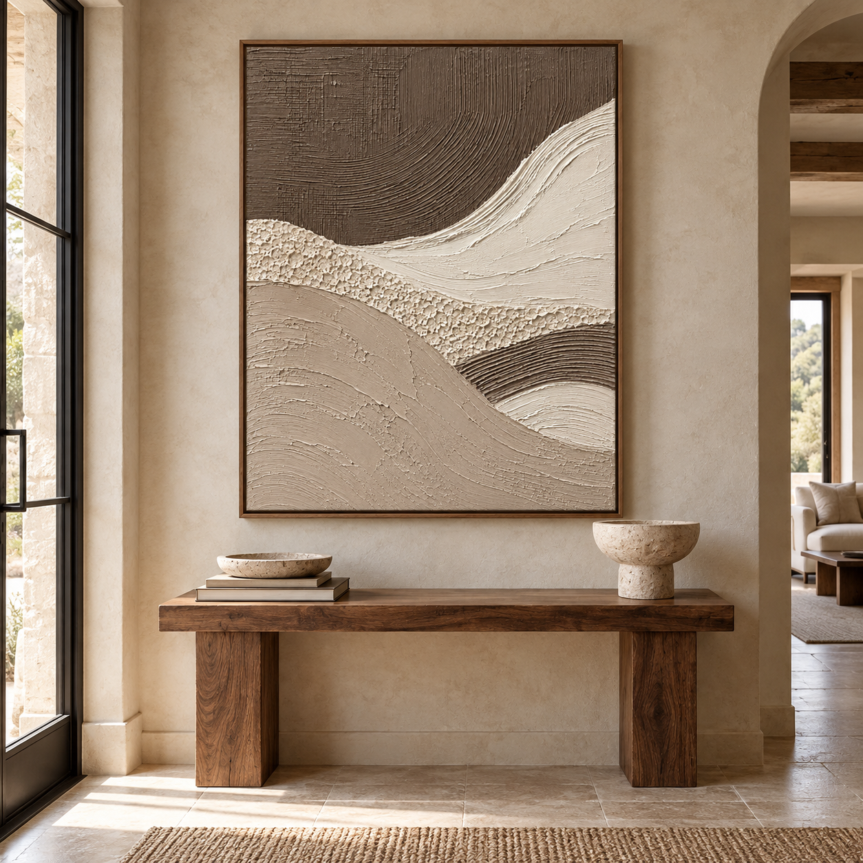 Silent Dunes – Hand-Painted 3D Mocha & Cream Wave Textured Canvas Wall Art | Vertical Wabi-Sabi Framed Artwork TEXVAS | Textured Canvas Art