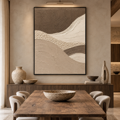 Silent Dunes – Hand-Painted 3D Mocha & Cream Wave Textured Canvas Wall Art | Vertical Wabi-Sabi Framed Artwork TEXVAS | Textured Canvas Art