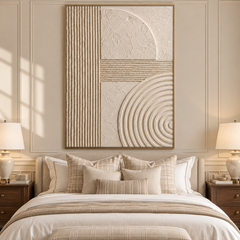 Geometric Balance – Hand-Painted 3D Beige & Ivory Geometric Relief Textured Canvas Wall Art | Vertical Minimalist Wabi-Sabi Framed Artwork TEXVAS | Textured Canvas Art