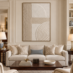 Geometric Balance – Hand-Painted 3D Beige & Ivory Geometric Relief Textured Canvas Wall Art | Vertical Minimalist Wabi-Sabi Framed Artwork TEXVAS | Textured Canvas Art