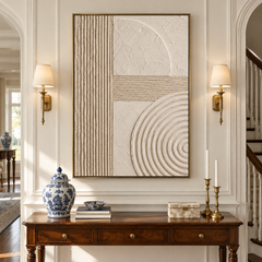 Geometric Balance – Hand-Painted 3D Beige & Ivory Geometric Relief Textured Canvas Wall Art | Vertical Minimalist Wabi-Sabi Framed Artwork TEXVAS | Textured Canvas Art