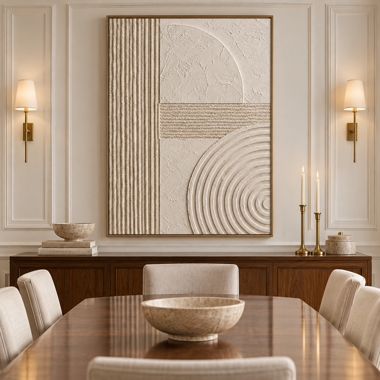 Geometric Balance – Hand-Painted 3D Beige & Ivory Geometric Relief Textured Canvas Wall Art | Vertical Minimalist Wabi-Sabi Framed Artwork TEXVAS | Textured Canvas Art