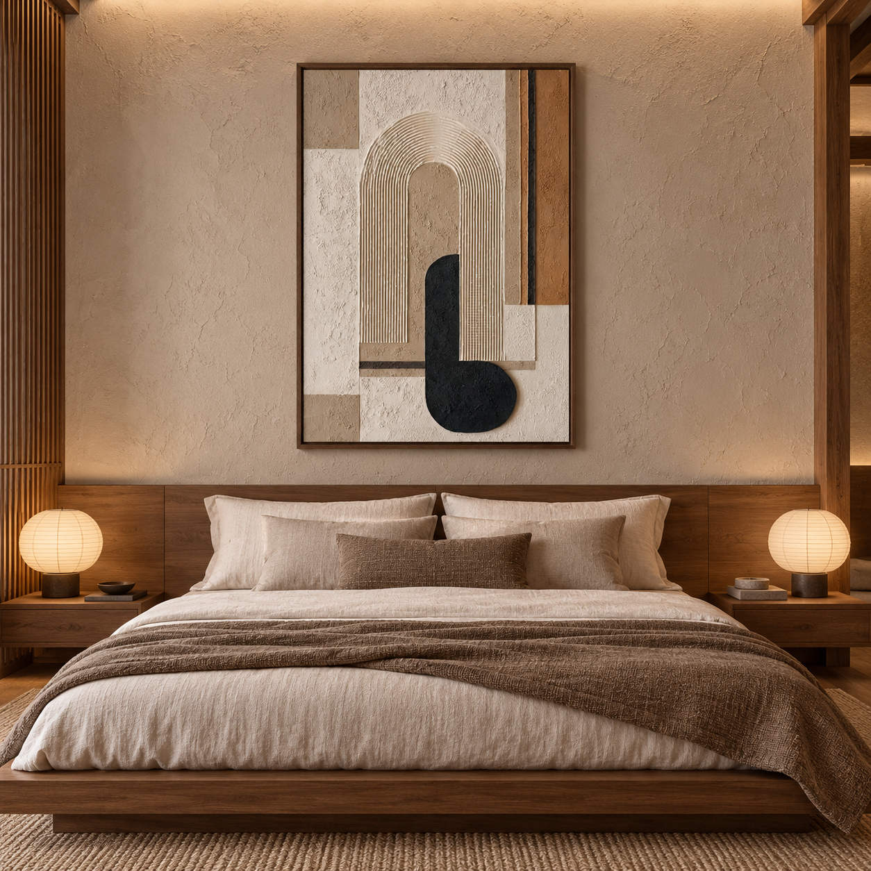 Arch & Silhouette – Hand-Painted 3D Neutral & Black Geometric Arch Relief Canvas Wall Art | Vertical Modern Wabi-Sabi Framed Artwork TEXVAS | Textured Canvas Art