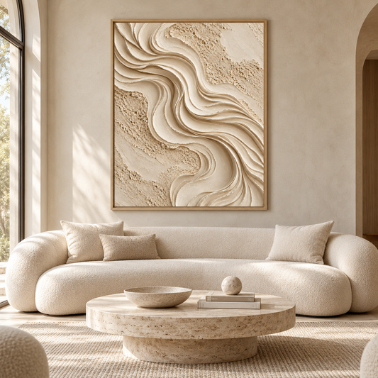 Large Vertical 3D Textured Minimalist Canvas Wall Art – Hand-Painted Cream Wave & Travertine Plaster Relief Oil Painting, Modern Wabi-Sabi Sand Dune Impasto Artwork for Entryway & Bedroom Decor TEXVAS | Textured Canvas Art