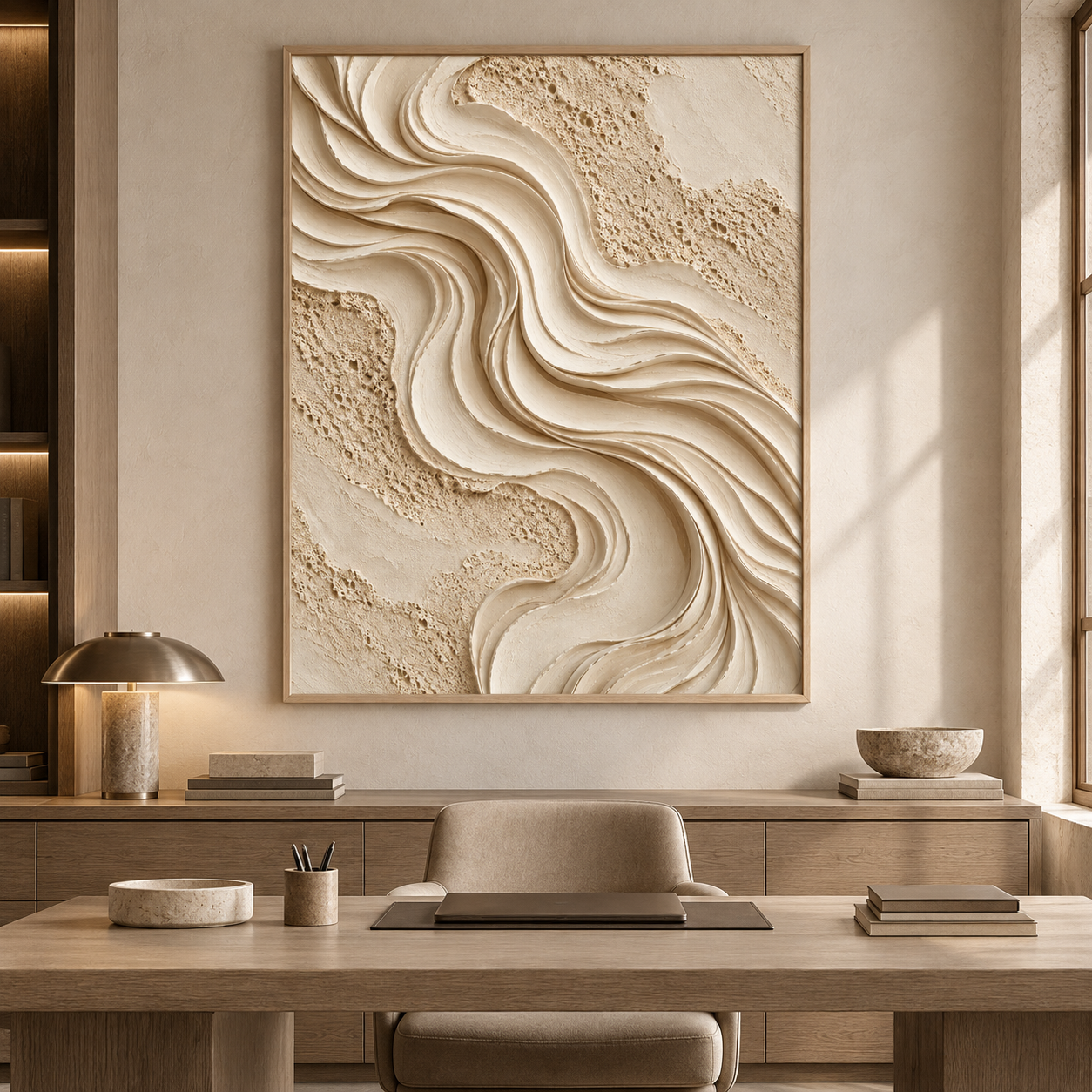 Large Vertical 3D Textured Minimalist Canvas Wall Art – Hand-Painted Cream Wave & Travertine Plaster Relief Oil Painting, Modern Wabi-Sabi Sand Dune Impasto Artwork for Entryway & Bedroom Decor TEXVAS | Textured Canvas Art