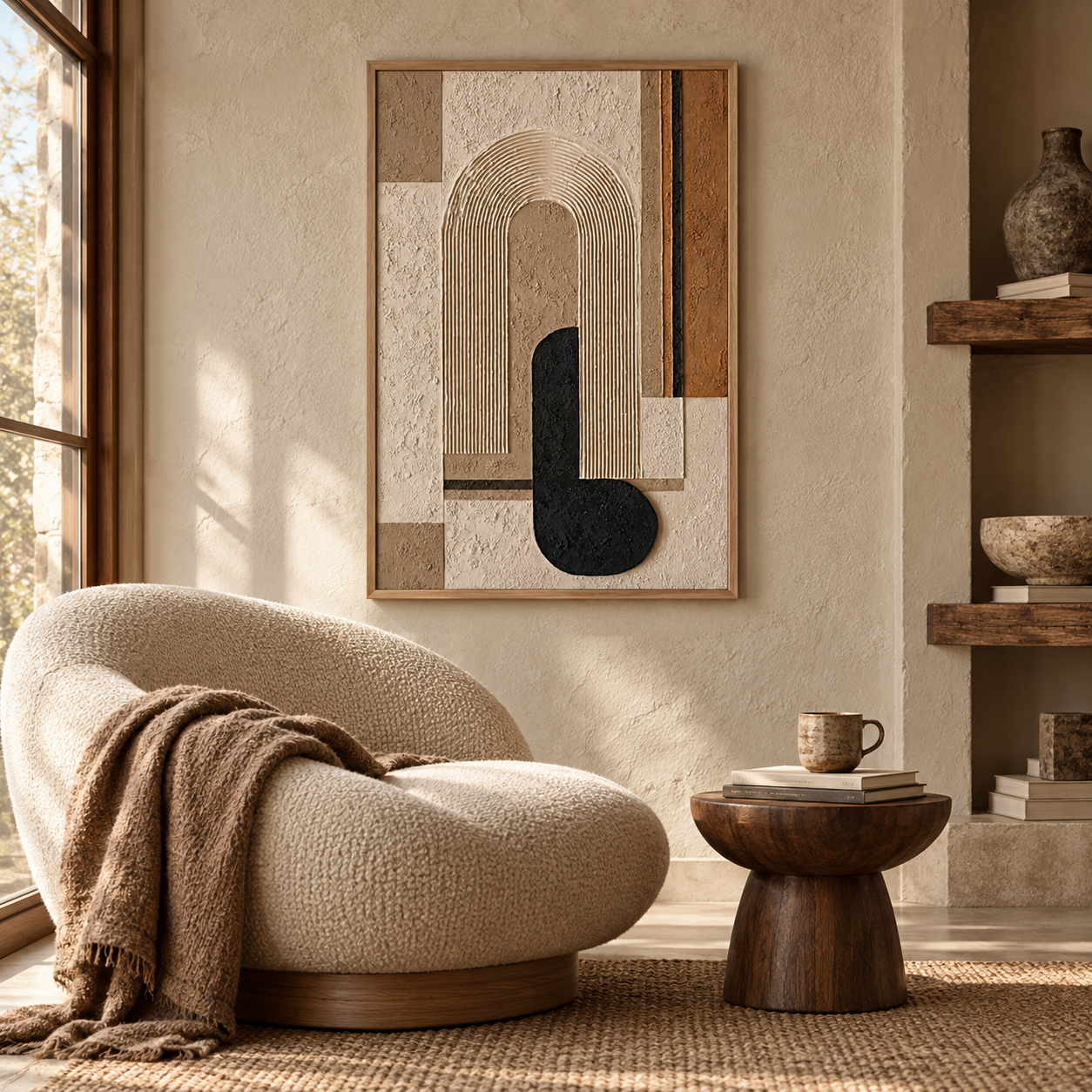 Arch & Silhouette – Hand-Painted 3D Neutral & Black Geometric Arch Relief Canvas Wall Art | Vertical Modern Wabi-Sabi Framed Artwork TEXVAS | Textured Canvas Art