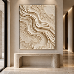 Large Vertical 3D Textured Minimalist Canvas Wall Art – Hand-Painted Cream Wave & Travertine Plaster Relief Oil Painting, Modern Wabi-Sabi Sand Dune Impasto Artwork for Entryway & Bedroom Decor TEXVAS | Textured Canvas Art