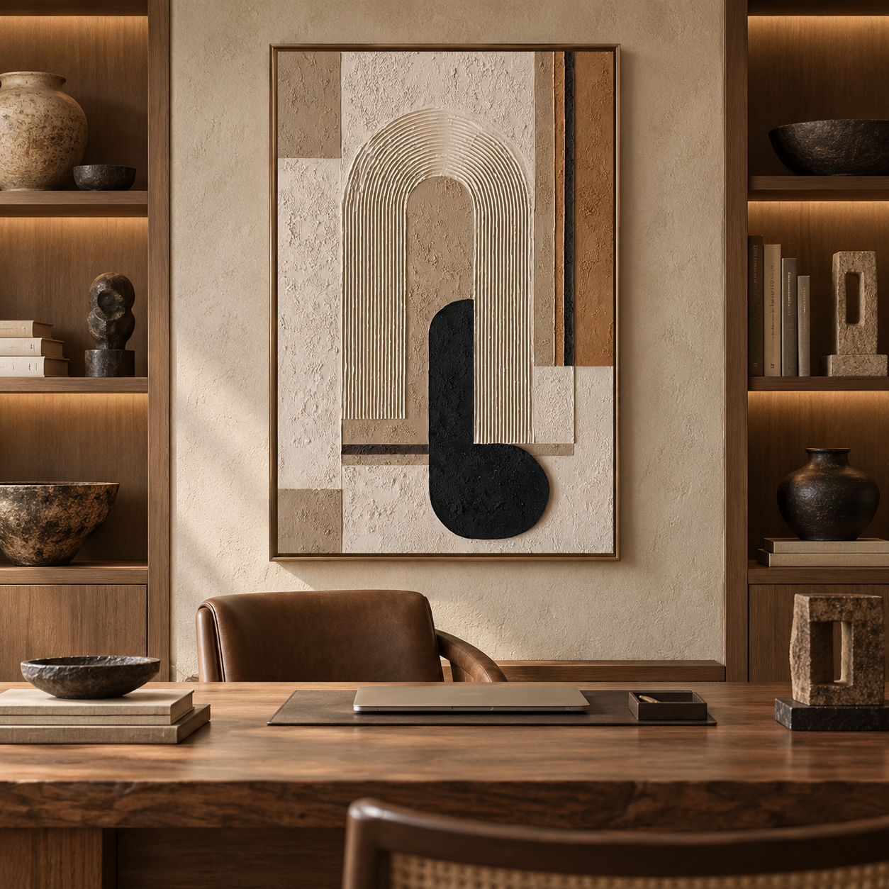 Arch & Silhouette – Hand-Painted 3D Neutral & Black Geometric Arch Relief Canvas Wall Art | Vertical Modern Wabi-Sabi Framed Artwork TEXVAS | Textured Canvas Art