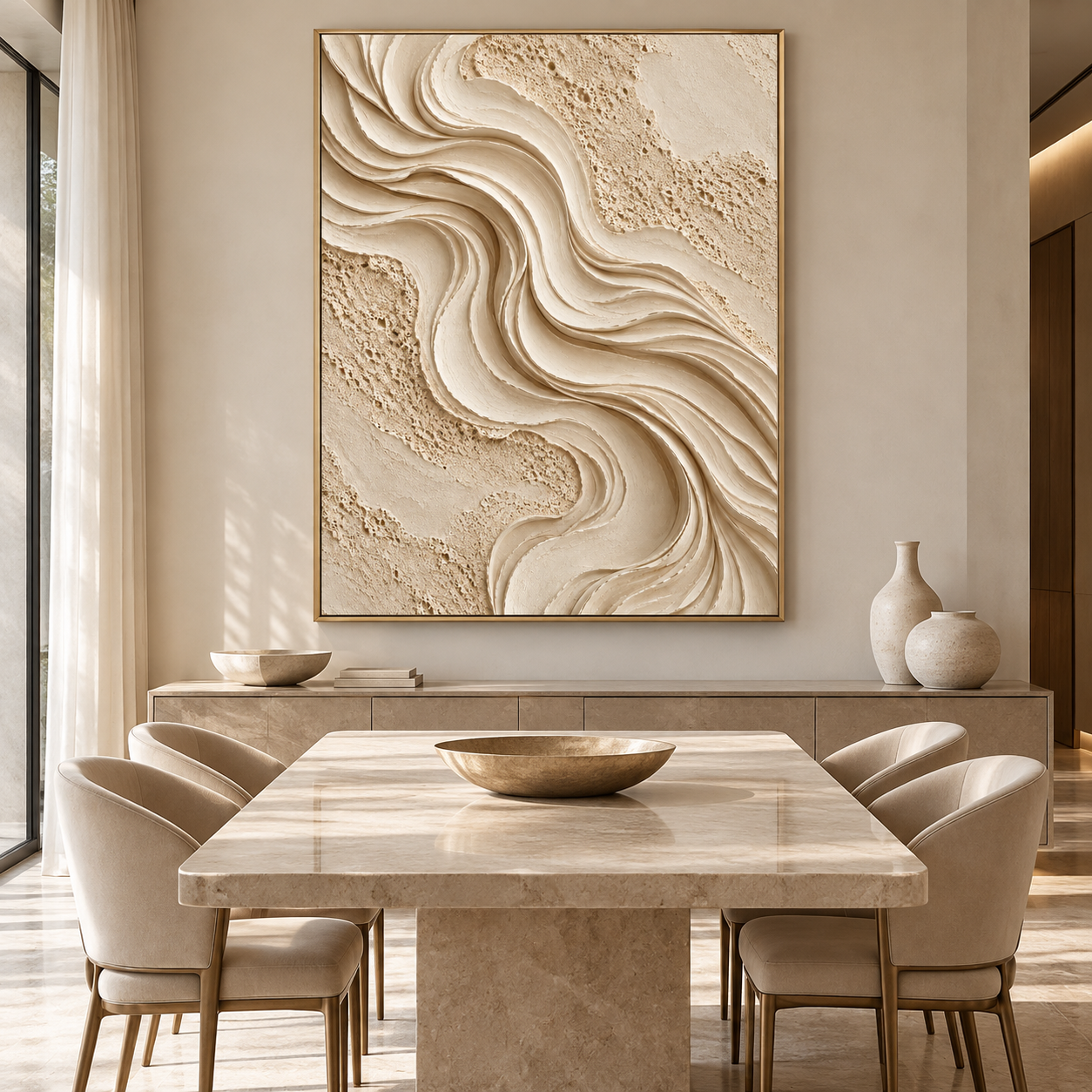 Large Vertical 3D Textured Minimalist Canvas Wall Art – Hand-Painted Cream Wave & Travertine Plaster Relief Oil Painting, Modern Wabi-Sabi Sand Dune Impasto Artwork for Entryway & Bedroom Decor TEXVAS | Textured Canvas Art
