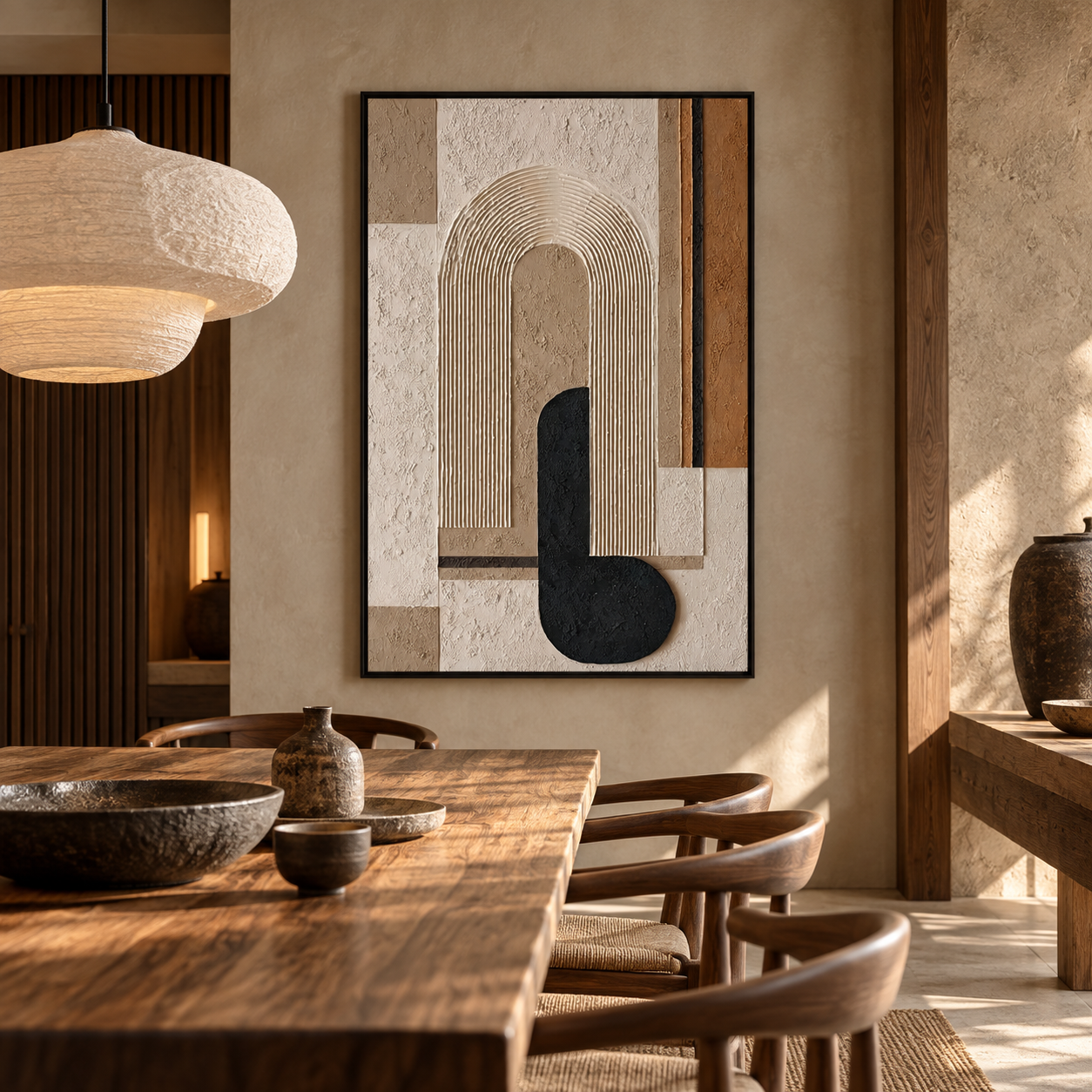 Arch & Silhouette – Hand-Painted 3D Neutral & Black Geometric Arch Relief Canvas Wall Art | Vertical Modern Wabi-Sabi Framed Artwork TEXVAS | Textured Canvas Art
