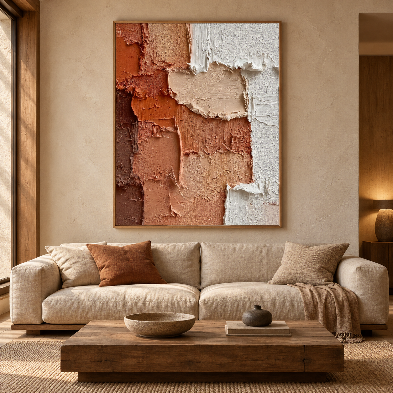 Earthy Layers – Hand-Painted 3D Terracotta & Cream Heavy Impasto Textured Canvas Wall Art | Vertical Wabi-Sabi Framed Artwork TEXVAS | Textured Canvas Art