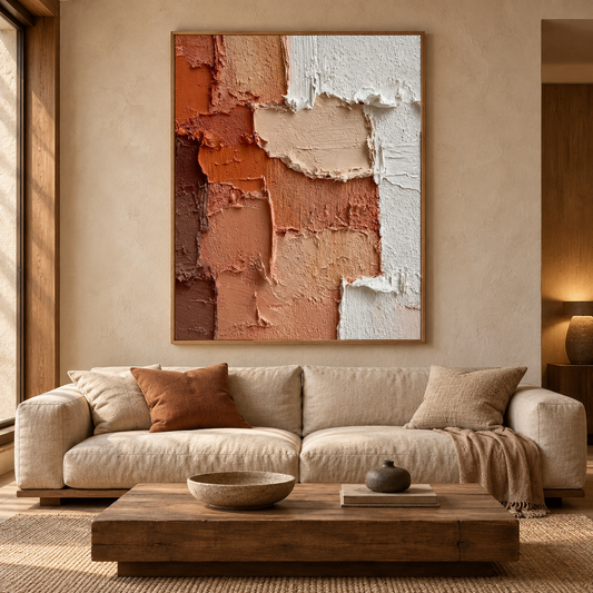 Earthy Layers – Hand-Painted 3D Terracotta & Cream Heavy Impasto Textured Canvas Wall Art | Vertical Wabi-Sabi Framed Artwork TEXVAS | Textured Canvas Art