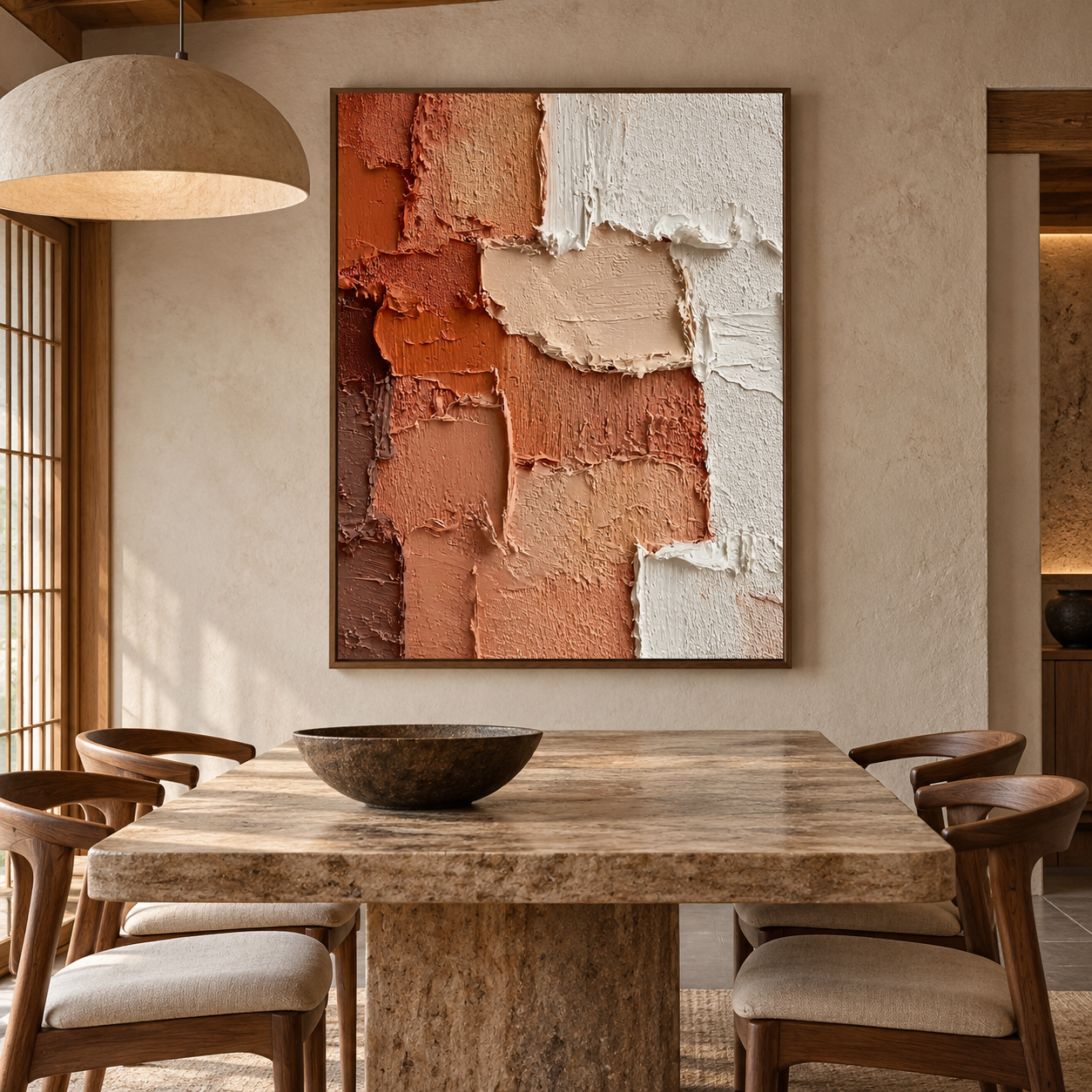 Earthy Layers – Hand-Painted 3D Terracotta & Cream Heavy Impasto Textured Canvas Wall Art | Vertical Wabi-Sabi Framed Artwork TEXVAS | Textured Canvas Art